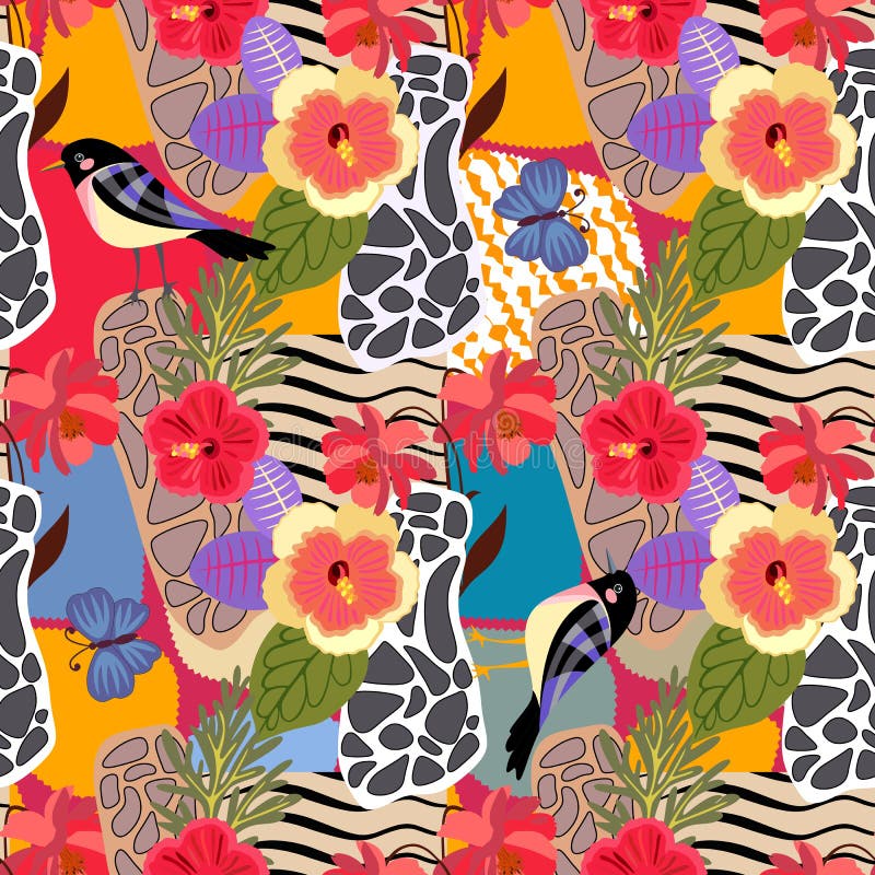 Tropical plants and flowers seamless pattern. Cute birds and big blue butterflies on patchwotk background with abstract animal print in vector. Fabric, paper, wallpaper, wrapping design. Tropical plants and flowers seamless pattern. Cute birds and big blue butterflies on patchwotk background with abstract animal print in vector. Fabric, paper, wallpaper, wrapping design